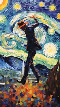 Abstract illustration: Original oil painting on canvas of a man in a hat dancing on a pier
