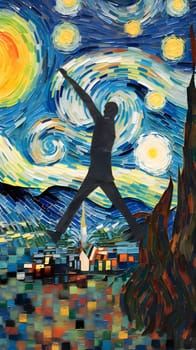 Abstract illustration: Abstract painting of a man jumping over a cityscape at night.