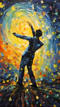 Abstract illustration: Abstract oil painting of a young man dancing in a colorful tunnel of light