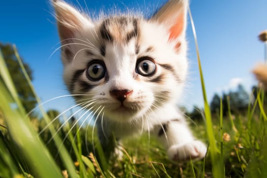 Playful Cute Kitten outdoors in Sunlit Grass. Kitten excitement and wonder as it explores the natural environment on a sunny day