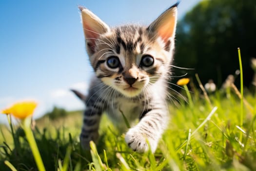 Playful Cute Kitten outdoors in Sunlit Grass. Kitten excitement and wonder as it explores the natural environment on a sunny day