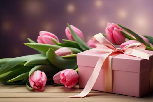 Gift Box with Pink Ribbon Beside bouquet of Fresh Tulips on Bokeh Background. Good for Valentine day, March 8, mother day, spring holidays, birthday designs