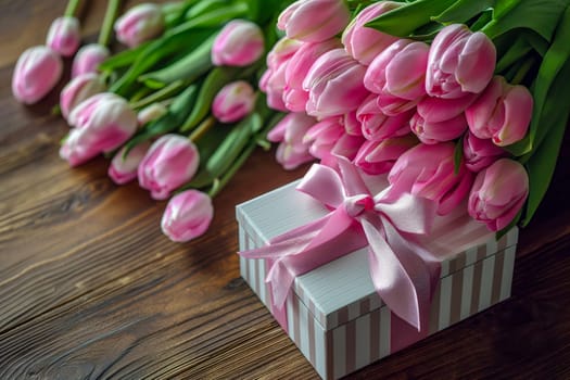 Gift Box with Pink Ribbon Beside bouquet of Fresh Tulips. Background for Valentine day, March 8, mother day, spring holidays, birthday