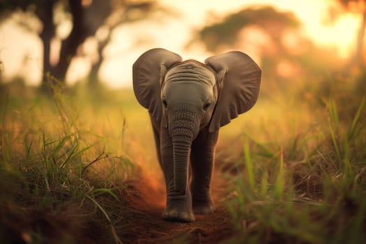 Baby elephant walking majestically against the backdrop of a golden sunset