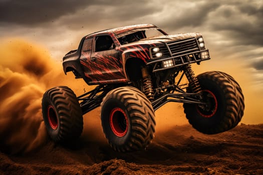 Monster truck driving and jumping outdoors amidst a cloud of dust. Thrill and adrenaline of an outdoor racing event on off-road terrain