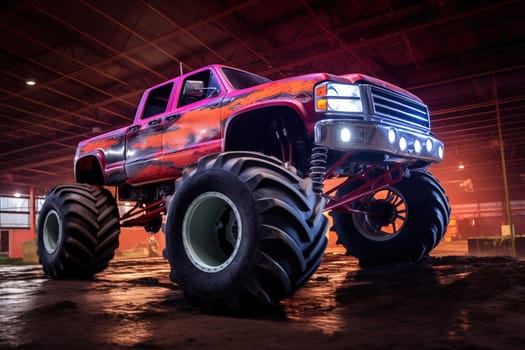 Monster truck illuminated by neon lights - excitement and thrill of an extreme sport and entertainment monster truck stunts racing show