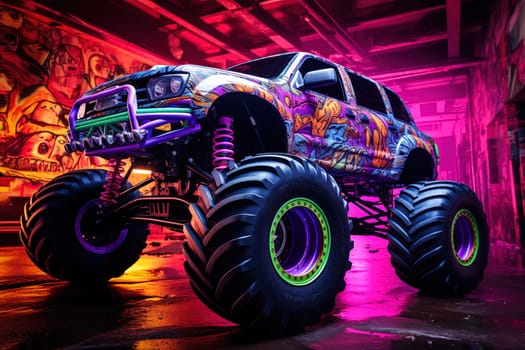 Monster truck illuminated by neon lights - excitement and thrill of an extreme sport and entertainment monster truck stunts racing show