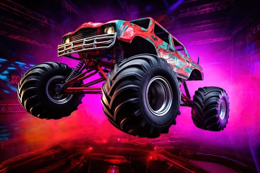 Monster truck with neon lighting, jumping off-road in cloud of dust. Excitement and thrill of an extreme sport