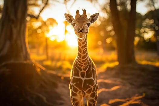 Baby giraffe standing amidst the golden rays of the setting sun, surrounded by nature s beauty