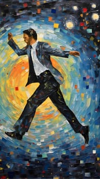 Abstract illustration: Original oil painting of a man in a suit jumping on a colorful background