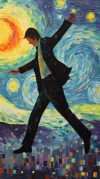 Abstract illustration: Illustration of a man jumping in front of a colorful night sky