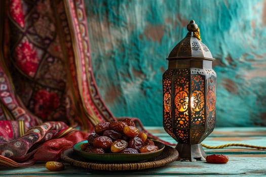 Ramadan lantern with a plate of succulent figs, set on an ornate table with intricate designs, evoking the rich traditions and serene moments of the holy month