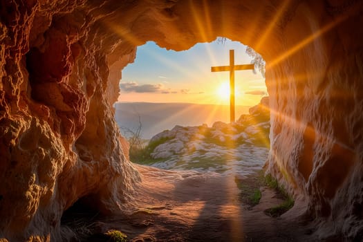 Easter concept cross on Golgotha Calvary hill against a dramatic sunset seen from open tomb of Jesus
