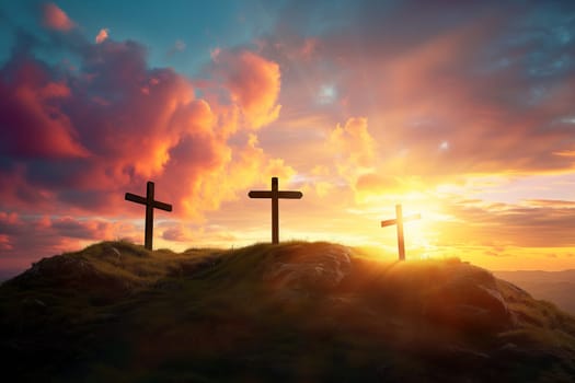 Easter concept three crosses on Golgotha Calvary hill against a dramatic sunset