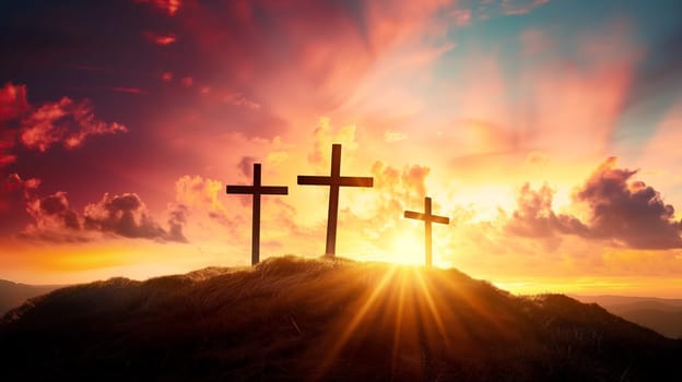 Easter concept three crosses on Golgotha Calvary hill against a dramatic sunset