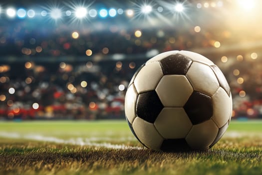 A soccer ball on a green field in soccer football stadium in evening lights