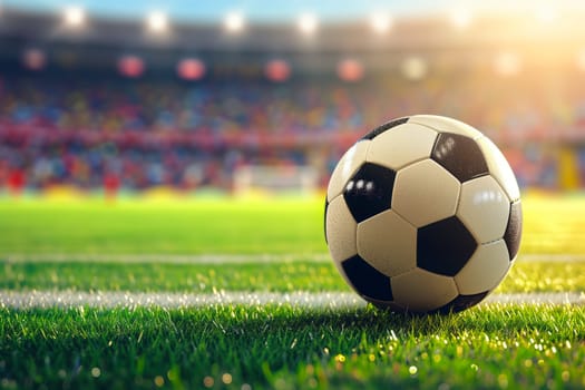 A soccer ball on a green field in soccer football stadium in evening on sunset with floodlights lights