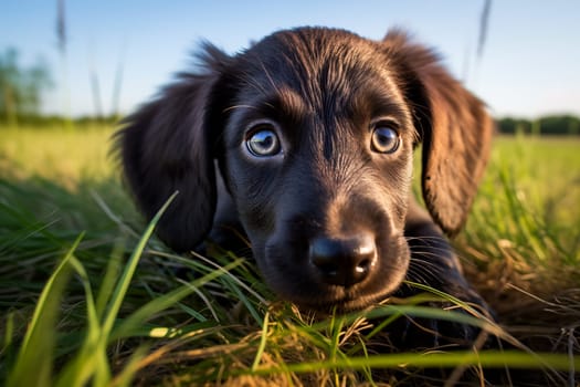 Close-up of a cute dachshund puppy with expressive eyes, lying in the green grass and enjoying the warm sunset