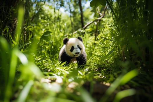 Cute panda cub in a lush bamboo grove, The image showcases the beauty and serenity of nature and wildlife. Endangered species