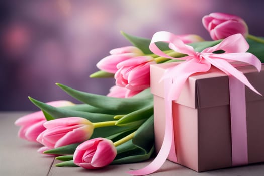 Gift Box with Pink Ribbon Beside bouquet of Fresh Tulips on Bokeh Background. Good for Valentine day, March 8, mother day, spring holidays, birthday designs