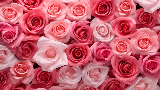 Valentine day background of close-up view of a beautiful mix of pink and white roses, symbolizing love and affection, perfect for Valentine Day celebrations