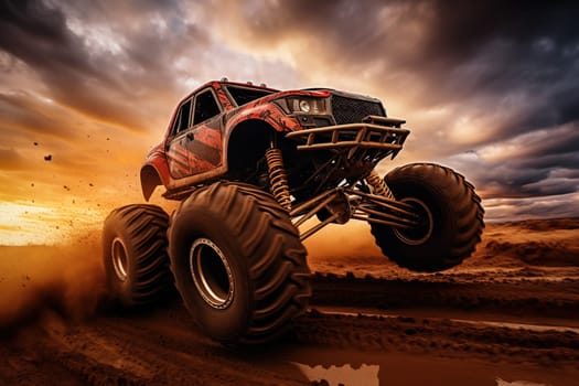Monster truck driving and jumping outdoors amidst a cloud of dust. Thrill and adrenaline of an outdoor racing event on off-road terrain