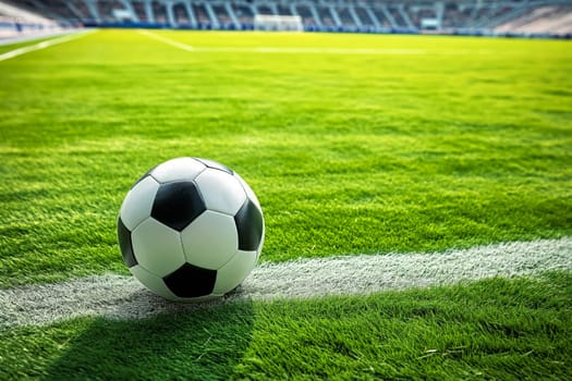 A soccer ball on a green field in soccer football stadium in evening lights