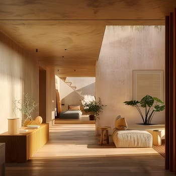 An interior design with a staircase in the background, showcasing hardwood flooring and a houseplant. The building features tints and shades of wood throughout the room