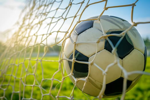 A soccer ball in a goal net in day time on football stadium