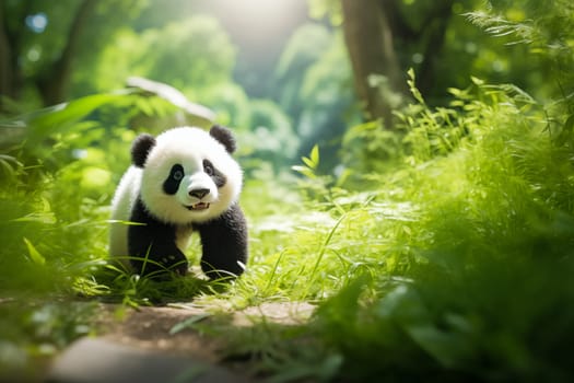 Cute panda cub in a lush bamboo grove, The image showcases the beauty and serenity of nature and wildlife. Endangered species