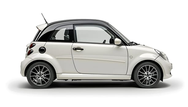 A white car with a black top is parked on a white background, showcasing its sleek automotive design. The alloy wheels and hubcaps add a stylish touch to the vehicle