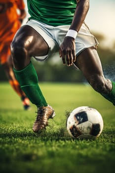 Two soccer players struggle dribble and kick a ball on a football stadium field