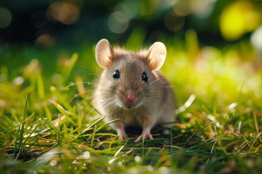 Cute mouse with large ears, exploring the vibrant green grass on a sunny day