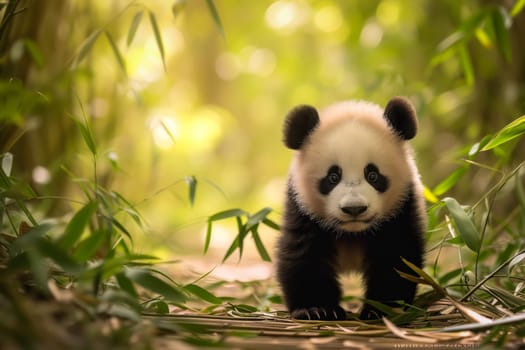 Cute panda cub in a lush bamboo grove, The image showcases the beauty and serenity of nature and wildlife. Endangered species