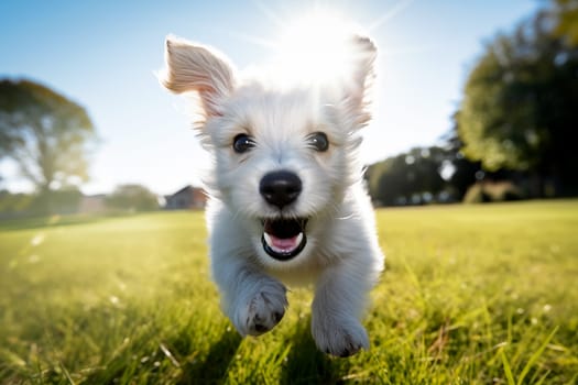 playful white puppy with fluffy fur is captured mid-run, running playing enjoying a sunny day outdoors