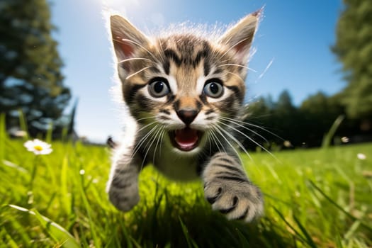 Playful Cute Kitten outdoors in Sunlit Grass. Kitten excitement and wonder as it explores the natural environment on a sunny day