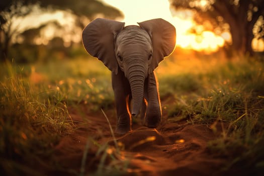 Baby elephant walking majestically against the backdrop of a golden sunset
