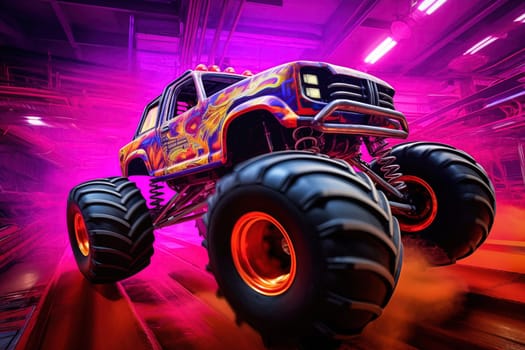 Monster truck with neon lighting, jumping off-road in cloud of dust. Excitement and thrill of an extreme sport