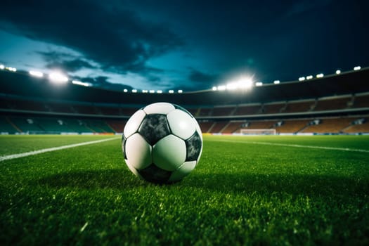 A soccer ball on a green field in soccer football stadium in evening with floodlights lights