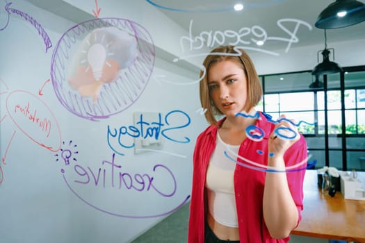 Closeup of attractive smart caucasian businesswoman brainstorms and planing marketing idea by using mind map and colorful sticker on glass board. Creative start up business concept. Immaculate.