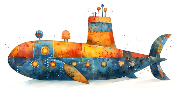 A watercolor painting of a submarine in the ocean, showcasing the intricate details of the naval architecture of the vehicle as it travels through freezing winter waters