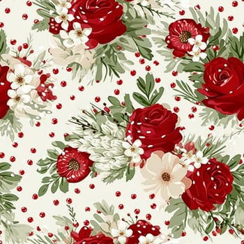 Seamless pattern, tileable Christmas holiday floral, country flowers dots print, English countryside roses for wallpaper, wrapping paper, scrapbook, fabric and product design motif