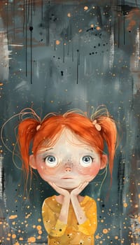 A young redhaired girl stands by a window, her hands covering her face. This scene could be depicted in a painting or illustration using watercolor paint
