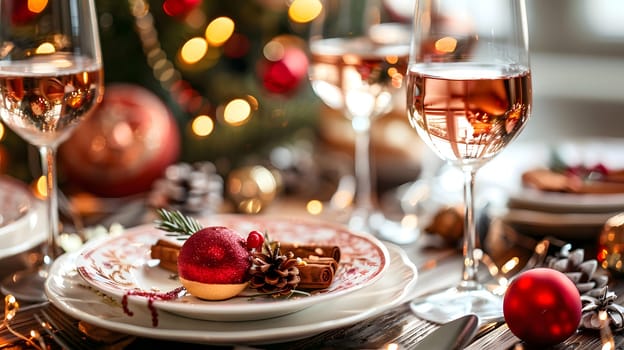 A festive Christmas table setting with elegant tableware, plates, wine glasses and a beautifully decorated Christmas tree in the background