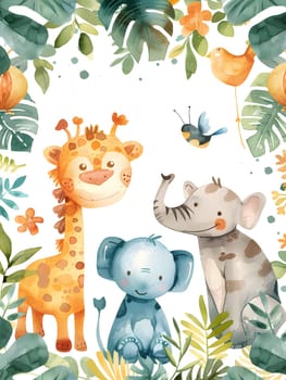 An artistic scene in the jungle a giraffe, elephant, and baby elephant sitting together, surrounded by colorful plants and smiling. A creative arts illustration