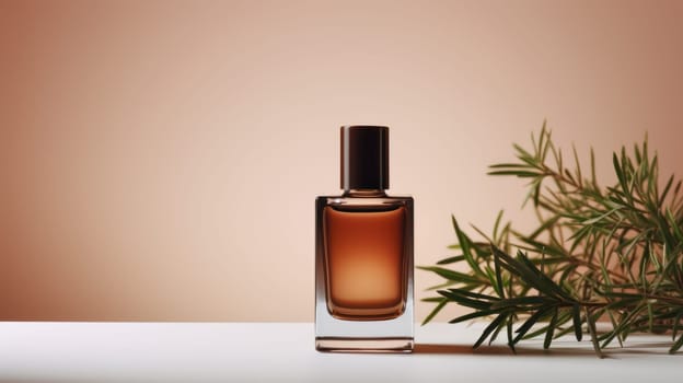 Transparent brown glass perfume bottle mockup with plants on background. Eau de toilette. Mockup, spring flat lay