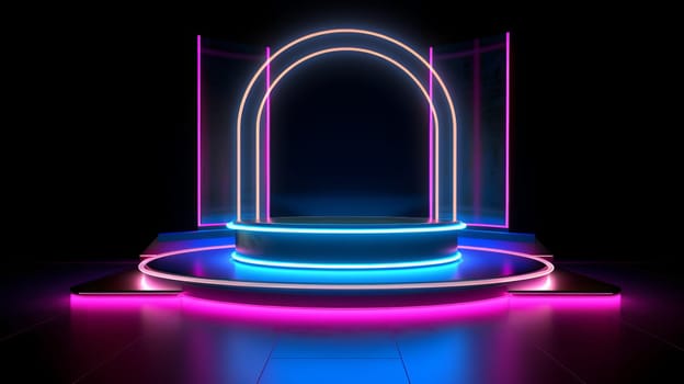 Round glowing podium with an arch with neon lights on a dark background.