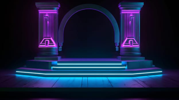 glowing podium with an arch with neon lights on a dark background.