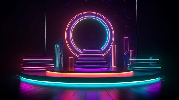 a glowing podium stage with an arch with neon lights on a dark background.