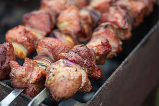 Outdoor picnic with grilling fresh meat shish kebab (shashlik) on a steel skewers on a grill wood coal. BBQ on summer picnic in green garden.